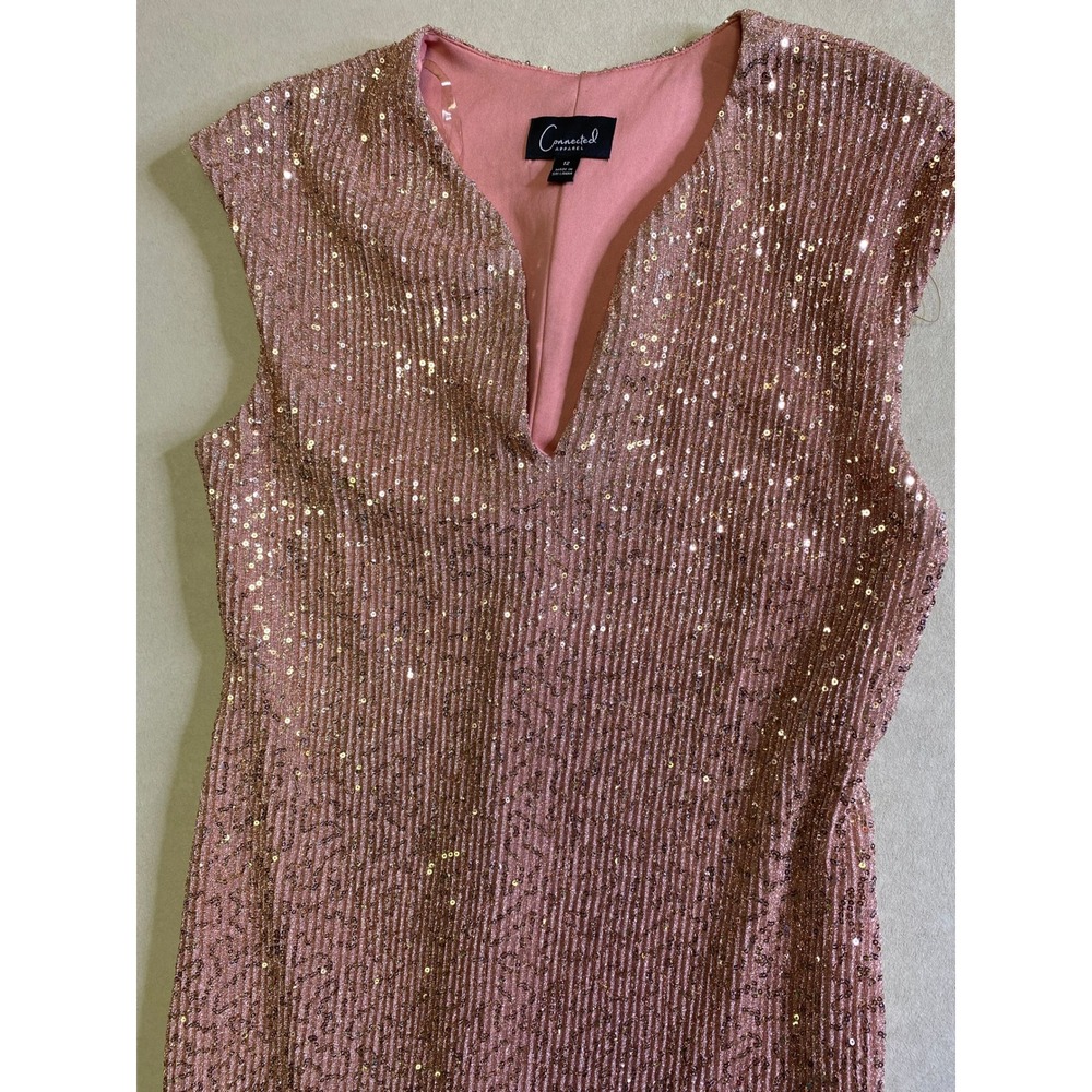 Connected Apparel Rose Gold Sequin Sheath Dress Cap Sleeve V-Neck Midi Size 12 - Picture 3 of 10